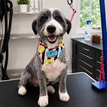 Merle sheepadoodle wearing a colorful donut bandana